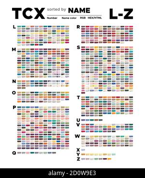 Tavola dei colori Pantone dei colori della Moda, della Casa e degli interni ordinati per nome. Tavolozza con numero, campioni denominati, grafico conforme a pantone RGB, HTML Illustrazione Vettoriale