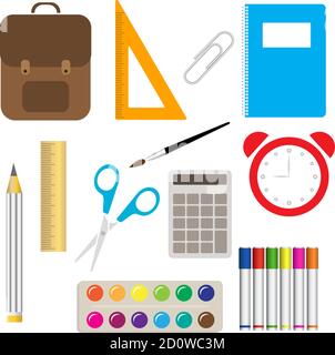 La scuola fornisce attrezzature per l'apprendimento e diverse forniture scolastiche colorati accessori per ufficio. La scuola fornisce attrezzature e torna a scuola icone Illustrazione Vettoriale