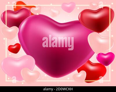 San Valentino sfondo giorno con rosa, viola, Perl cuori e brillare bordi. Bella sfondo per il 14 febbraio. Biglietto d'auguri per San Valentino, volantini Illustrazione Vettoriale