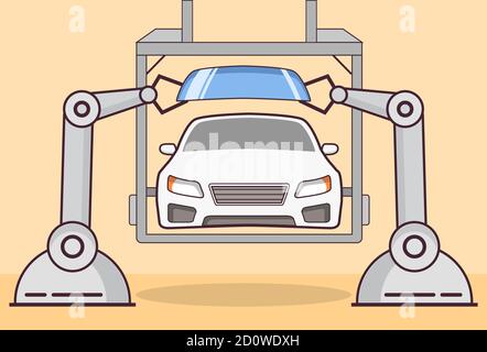Gruppo braccio robot CAR.linea di fabbrica.Installazione di un parabrezza. Illustrazione Vettoriale