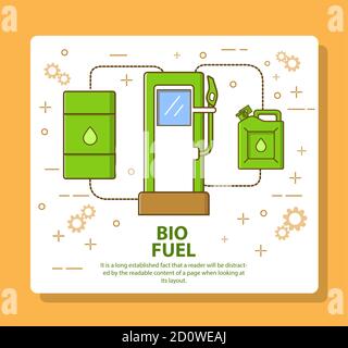 Carburante biologico verde pulito. Stazione di servizio, camera, barattolo. Banner concettuale orizzontale energia naturale. Illustrazione Vettoriale