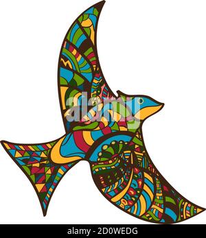 Pesca a mano uccello. Cute doodle pattern.outline illustrazione. Illustrazione Vettoriale