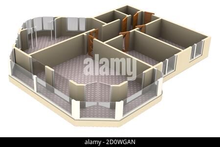 Disposizione degli appartamenti. Disposizione dell'appartamento su sfondo bianco. Isolato. Illustrazione 3D Foto Stock