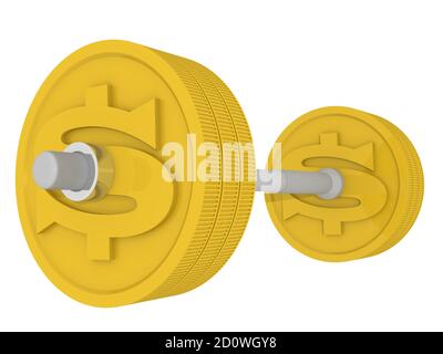 Il barbell fatto di monete d'oro con il simbolo del dollaro USA isolato su sfondo bianco. Illustrazione 3D Foto Stock