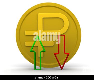 Dinamica del rublo russo. Moneta d'oro con il simbolo della valuta russa (rublo) e le frecce (verde e rosso) sulla superficie bianca. Illustrazione 3D Foto Stock