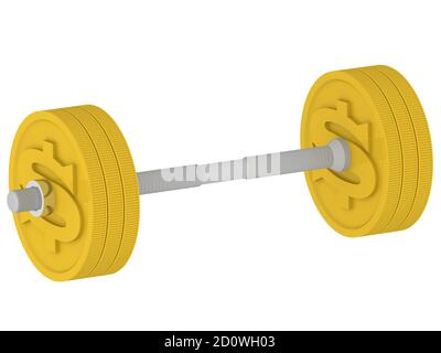 Il barbell fatto di monete d'oro con il simbolo del dollaro USA isolato su sfondo bianco. Illustrazione 3D Foto Stock
