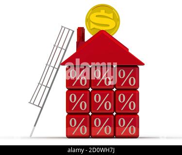 La banca del piggy nella forma di una casa fatta dai cubi rossi con i simboli di percentuale e una moneta d'oro con il simbolo del dollaro americano sulla superficie bianca. Foto Stock