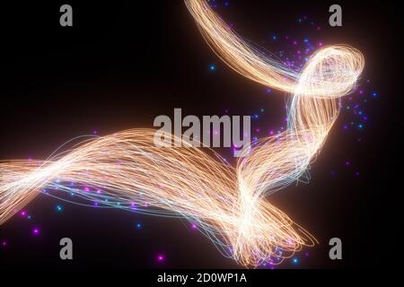 Linee di neon fluide e luminose con sfondo nero, rendering 3d. Disegno digitale per computer. Foto Stock