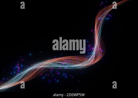 Linee di neon fluide e luminose con sfondo nero, rendering 3d. Disegno digitale per computer. Foto Stock