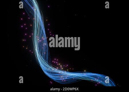 Linee di neon fluide e luminose con sfondo nero, rendering 3d. Disegno digitale per computer. Foto Stock