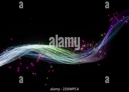 Linee di neon fluide e luminose con sfondo nero, rendering 3d. Disegno digitale per computer. Foto Stock