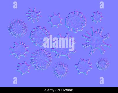 Diversi tipi di virus, coronavirus, COVID-19, herpes, velocità hiv. Organismi biologici sfondo in blu viola. Molti virus diversi, patog Foto Stock