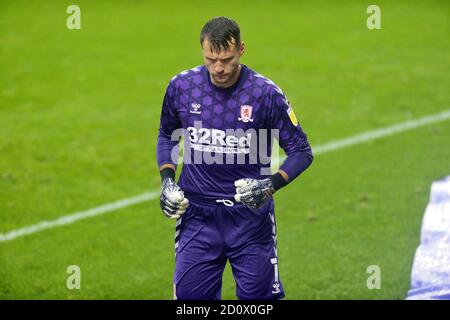 MIDDLESBROUGH, INGHILTERRA. 3 OTTOBRE 2020 il portiere di Middlesbrough Bettinelli durante la partita del campionato Sky Bet tra Middlesbrough e Barnsley al Riverside Stadium di Middlesbrough sabato 3 ottobre 2020. (Credit: Tom Collins | MI News) Credit: MI News & Sport /Alamy Live News Foto Stock