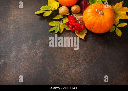 Background di concetto stagionale. Sfondo autunnale con foglie d'acero, zucca, noci e bacche su sfondo di ardesia. Spazio di copia. Foto Stock