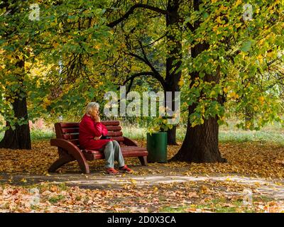 Mosca. Russia. Il 3 ottobre 2020, una donna anziana dai capelli grigi in una giacca rossa si siede in covata sotto un albero su una panchina del parco. Soleggiato giorno d'autunno. Foglia Foto Stock