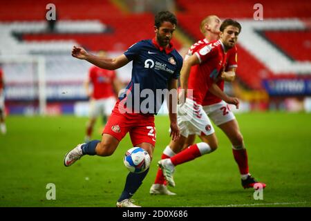 Londra, Regno Unito. 03 ottobre 2020. Will Grigg (22) di Sunderland in azione durante la partita di calcio EFL Skybet League One, Charlton Athletic contro Sunderland alla Valley di Londra sabato 3 ottobre 2020. Questa immagine può essere utilizzata solo per scopi editoriali. Solo per uso editoriale, è richiesta una licenza per uso commerciale. Nessun utilizzo nelle scommesse, nei giochi o nelle pubblicazioni di un singolo club/campionato/giocatore. pic by Tom Smeeth/Andrew Orchard sports photography/Alamy Live news Credit: Andrew Orchard sports photography/Alamy Live News Foto Stock