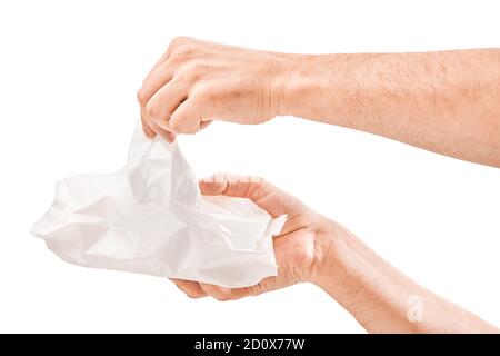 Uomo che pulisce la mano con un panno umido isolato su bianco sfondo Foto Stock