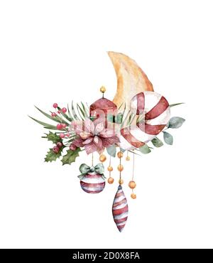 Biglietto d'auguri con rami di pino, acini e foglie, felce. Illustrazione botanica. Acquerello bouquet di natale. Incisione. Foto Stock