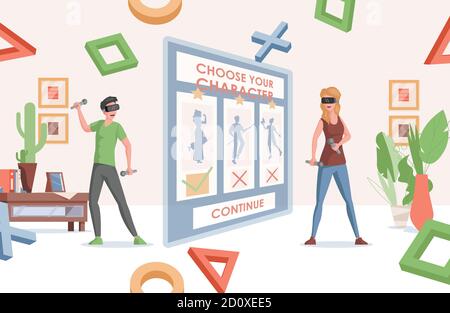 Giochi online e grafica vettoriale di realtà virtuale. Felice uomo e donna sorridente in caschi VR giocare giochi online. Intrattenimento elettronico, concetto di cyber sport. Illustrazione Vettoriale