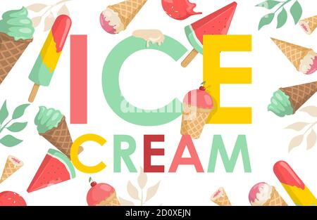 Gelato parola vettore piano poster disegno. Dolci e deliziosi gelati estivi. Cocomero, cioccolato, vaniglia, fragola, ciliegia e gelato al pistacchio in coni di waffle. Illustrazione Vettoriale