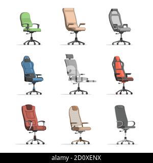 Set di diverse sedie da lavoro. Sedia da ufficio grigia, rossa, blu, verde e marrone immagine vettoriale piatta isolata su sfondo bianco. Comode e moderne sedie da lavoro per ufficio o armadio. Illustrazione Vettoriale