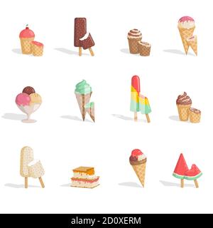 Set di gustosi e deliziosi gelati vettoriali illustrazione piatta isolato su sfondo bianco. Cioccolato, ciliegia, vaniglia, fragola, anguria e gelati pistacchio. Cibo estivo per il design di un caffè. Illustrazione Vettoriale