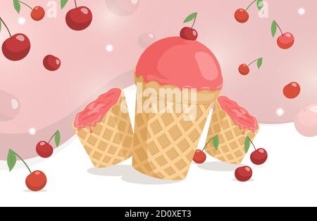 Gelato alla ciliegia dolce e delizioso in una tazza di waffle con frutti di bosco sulla parte superiore. Estate freddo cibo vettore piatto illustrazione. Gelato gustoso e luminoso nel cono del waffle. Poster estivo dal design colorato. Illustrazione Vettoriale