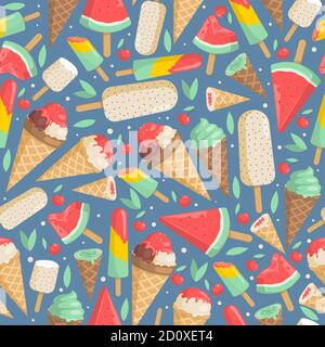 Gelato senza cuciture. Gustosi e deliziosi gelati di melone, cioccolato, vaniglia, fragola, ciliegia e pistacchio in coni di waffle su sfondo blu. Gelato vettore piano cartone animato sfondo. Illustrazione Vettoriale