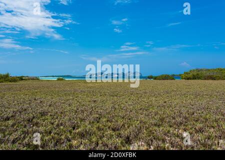 Vista dell'isola di Francisky nel Mar dei caraibi con l'isola di Gran Roque sullo sfondo (Arcipelago di Los Roques, Venezuela). Foto Stock