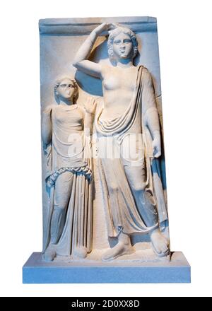 Stele votiva in marmo greco con una rappresentazione di Apollo e del dedicatore. Tempio di Apollo, Amphanae, IV secolo a.C. Foto Stock