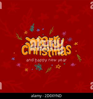 Testo di Natale allegro, modello di scheda di disegno di scrittura, alfabeti di scrittura, caratteri disegnati a mano, tipografia creativa Illustrazione Vettoriale