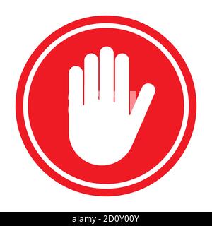 Icona di arresto con mano di avviso, simbolo di covid di avviso, NO - pericolo isolato su sfondo bianco illustrazione vettoriale . Illustrazione Vettoriale