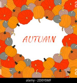 Banner vettoriale autunnale con zucche colorate su sfondo trasparente. Illustrazione vettoriale su stile doodle. Decorazione per biglietti d'auguri, poster Illustrazione Vettoriale