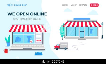 Online shopping web design negozio di costruzione e negozio online su schermo del computer. Illustrazione Vettoriale