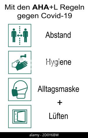 Cartelli informativi con la nuova regola AHA + L. Testo tedesco: "Con le regole AHA + L (distanza, igiene, maschera quotidiana, aerazione) contro Covid-19. V Illustrazione Vettoriale