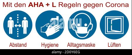 Firmare con la nuova regola AHA + L. Testo tedesco: 'Con le regole AHA + L (distanza, igiene, maschera quotidiana, ventilazione) contro Corona. File vettoriale Illustrazione Vettoriale