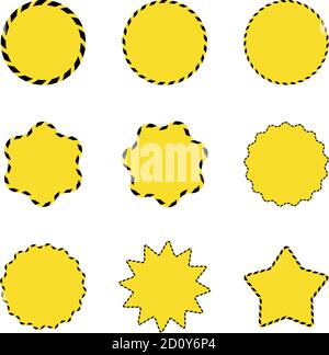Set di adesivi in vendita a forma di stella gialla e barricata a forma di sole. Etichette promozionali a nastro barriera. Illustrazione Vettoriale