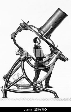 Telescopio a fuoco corto Jaubert. Parigi, Osservatorio Astronomico Trocadero. Illustrazione antica. 1882. Foto Stock