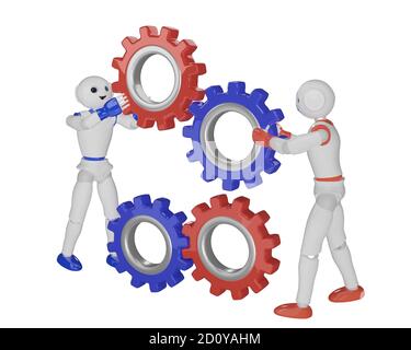 due robot assemblano gli ingranaggi. rendering 3d Foto Stock