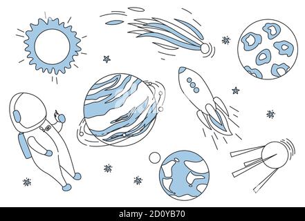 Avventure spaziali esterne con astronauta, razzo volante, satellite, cometa, Sole, stelle, Saturno, Terra e altri pianeti. Illustrazione vettoriale in cute Illustrazione Vettoriale