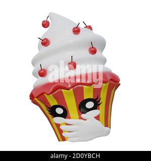 Cupcake emoticon con mano sulla bocca. rendering 3d Foto Stock