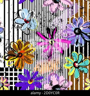 sfondo con motivi geometrici senza cuciture, stile retrò/vintage, con strisce, fiori, tratti e schizzi Illustrazione Vettoriale