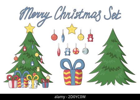 Set di Natale, albero con regali, giocattoli e saluto. Illustrazione vettoriale in simpatico stile cartoon Illustrazione Vettoriale