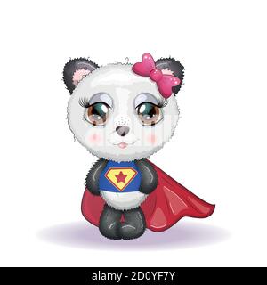 Carino panda con grandi occhi in un mantello da un super eroe, biglietto d'auguri illustrazione, cute animale Illustrazione Vettoriale