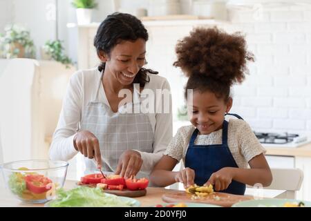 Felice giovane donna mista di razza che prepara il cibo con la figlia. Foto Stock