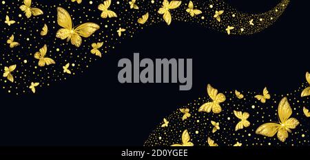 sfondo con farfalle dorate decorative su sfondo nero Illustrazione Vettoriale