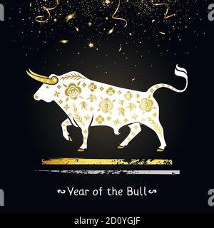 simbolo dell'anno del toro bianco con oro ornamento e confetti d'oro Illustrazione Vettoriale