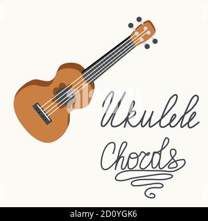 Fumetto ukulele con testo scritta per l'estate, musica poster modello di design. Illustrazione Vettoriale