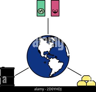 Olio, Dollaro e Oro con l'icona Planet Concept. Contorno modificabile con disegno riempimento colore. Illustrazione vettoriale. Illustrazione Vettoriale