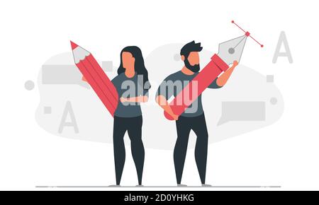 Una comunità di designer provenienti da persone creative. Donna che tiene la matita e l'uomo che tiene l'illustrazione del vettore della penna Illustrazione Vettoriale